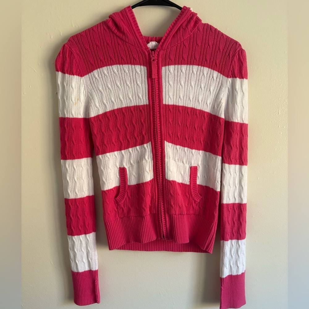 Pink and White Hooded Cable-Knit Zip-Up